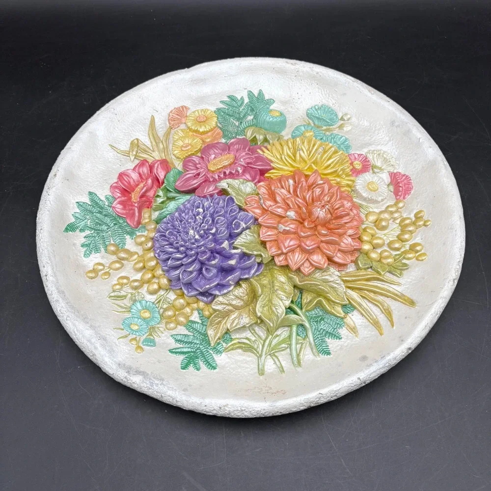 Vtg 3D Chalkware Floral Wall Plaque Dahlias Botanical Decor Cottagecore